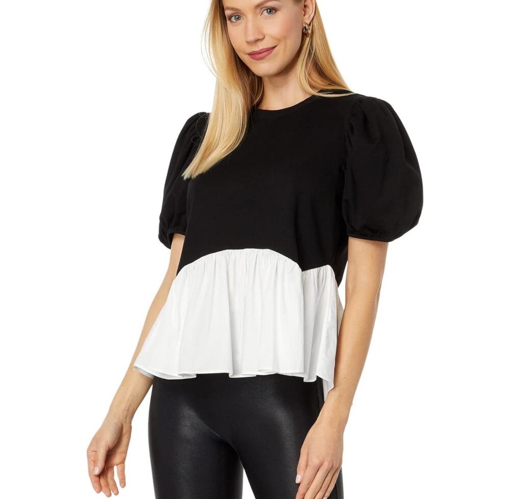 English Factory Black White Mixed Media Short Sleeve Top Sz S